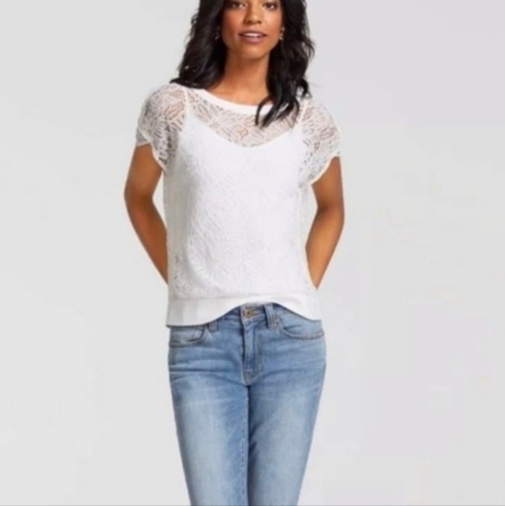 CAbi style #5342 White floral Ole Lace sheer sleeveless top - M